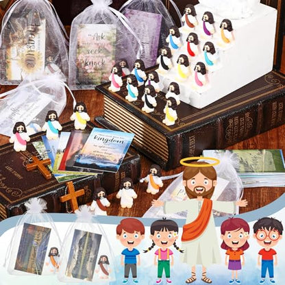 Bememo 50 Sets Christian Gifts Bulk Bible Verse Cards Include Little Jesus Figures Prayer Cards and Organza Bags for Religious Party Favors Sunday Baptism Gifts(Landscape Style,Classic) - color: Classic, style: Landscape Style