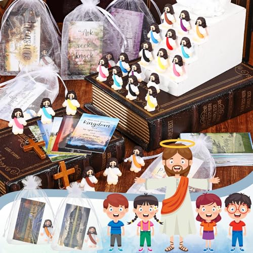 Bememo 50 Sets Christian Gifts Bulk Bible Verse Cards Include Little Jesus Figures Prayer Cards and Organza Bags for Religious Party Favors Sunday Baptism Gifts(Landscape Style,Classic) - color: Classic, style: Landscape Style