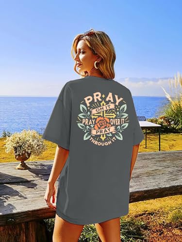 BANGELY Faith Over Fear Shirt Women Graphic Shirts Oversized Workout Gym Christian Religious Tees Drop Shoulder Tee Tops - color: A-grey, size: Large