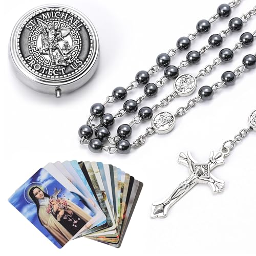 Catholic Rosary Beads for Men with Case and 18PCS Payer Cards, St Michael the Archangel Medal, First Communion Gifts for Boy - Faith Jewelry for Prayer & Spiritual Gifts