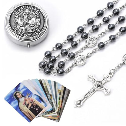 Catholic Rosary Beads for Men with Case and 18PCS Payer Cards, St Michael the Archangel Medal, First Communion Gifts for Boy - Faith Jewelry for Prayer & Spiritual Gifts