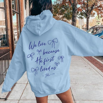 Christian Bow Hoodies for Women Cute Bow Print Sweatshirt Bible Verse Graphic Hoodie Religious Pullover Sweatshirts - color: Blue, size: X-Large