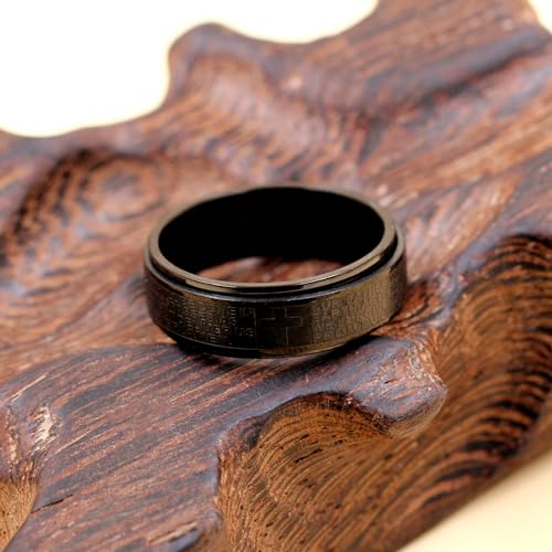 Christian Religious Bible Ring Anxiety & Stress Relief Ring Men's Black Ring Titanium Steel Christian Scripture Rotating Ring Cross Ring for Men Husband Dad Bff Friends Size: 7-13 - color: Nlack