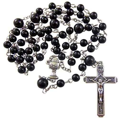 First Communion Rosary Black Glass Beads Metal Crucifix Chalice for Him