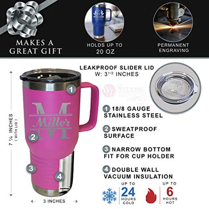 The Wedding Party Store Personalized 20 oz Stainless Steel Powder Coated Vacuum Insulated Double Walled Travel Tumbler Coffee Mug with Handle and Lid (Hot Pink) - color: Hot Pink