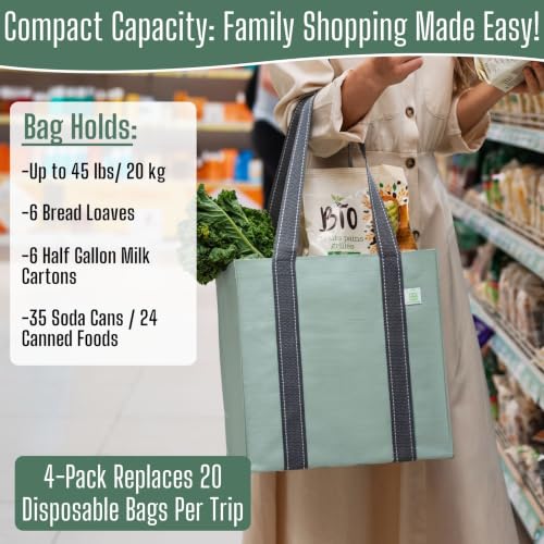 VENO 2/4 Pack Compact Reusable Grocery Shopping Bags with Hard Bottom - color: Light Green-4 Pack