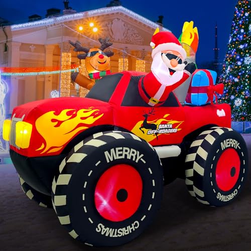 EAONE 7FT Christmas Inflatable Outdoor Decoration, Inflatable Santa Claus & Reindeer on Monster Truck, Blow Up Yard Decorations LED Lighted for Yard, Garden, Lawn, Home Xmas Holiday Decor - color: 7 FT Inflatable Santa Claus & Reindeer on Monster Truck