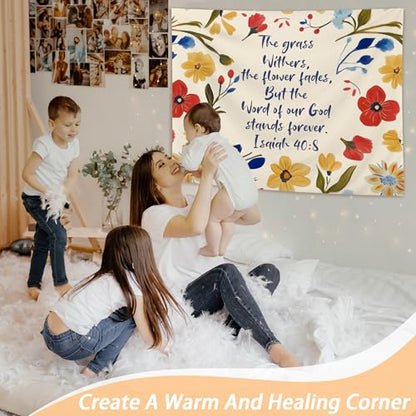 OHDCE Boho Floral Christian Tapestry Wall Hanging, Isaiah 40:8 Wildflower Religious Bible Verse Blanket Tapestries Wall Decoration for Bedroom Home Prayer Room Church, 50x60 Inch