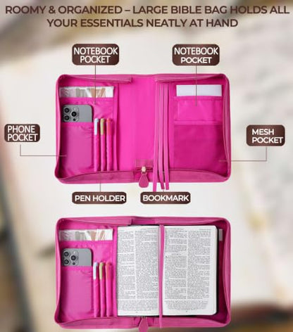 Vegan Leather Bible Cover Case, Bible Bag for Men Women, Gift Box Packaging - color: Rose