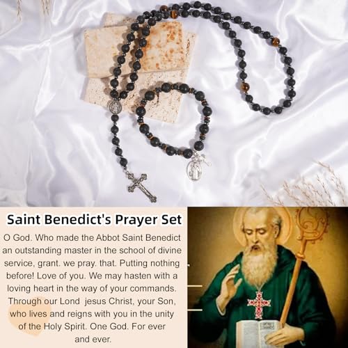 Rosary for Men Women, Natural Stone Beads with St. Benedict Bracelet - color: Lava Rocks