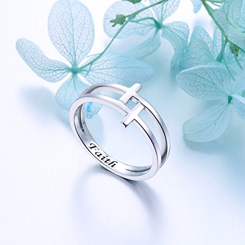 FLYOW Inspirational Jewelry Sterling Silver Engraved Faith Double Cross Ring Christian Fashion Band Ring for Women Mother, Size 5-10
