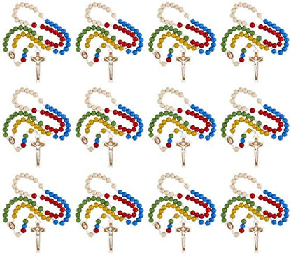 Religious Gifts Mulit Color Wooden Prayer Bead Laser Engraved Mission Rosary, 17 Inch (Pack of 12)