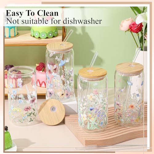 Mumufy 4 Pack Wildflower Glass Cup, 16 oz Tumbler Mug with Bamboo Lid - style: Wild Flower