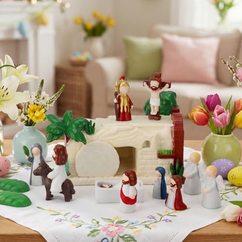 Novabright 14 Pcs Religious Easter Decorations Tells The Story of Easter, Resin Jesus Resurrection Scene Empty Tomb Holy Week Gifts He is Risen Storytelling Figurines for Christian Table Centerpiece
