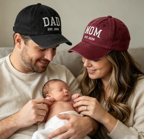 2PCS Dad and Mom EST 2026 Hats for Men Women, New Parents Gifts Cap - color: Black Red