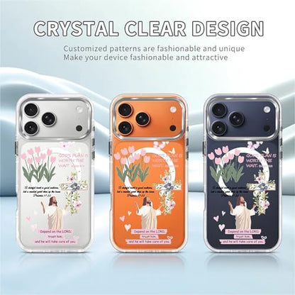for iPhone 17 Pro/iPhone 18 Pro Case [Compatible with Magsafe],Girls Women Clear Magnetic Case Silicone Shockproof Protective Cover with Pattern Bible Jesus Flowers - color: Bible Jesus Flowers, size: iPhone 17 Pro/iPhone 18 Pro