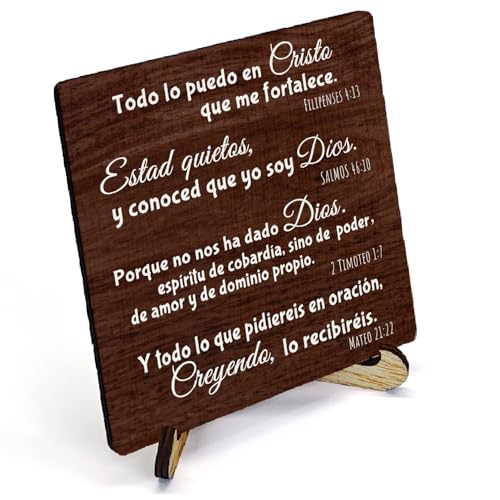 Rustic Christian Wooden Sign Desk Decor, Retro Spanish Bible Verse Religious Wood Plaque Sign With Stand for Church Prayer Room Home Office Desk Table Shelf Decoration, 5x5 Inch - color: Rustic Spanish