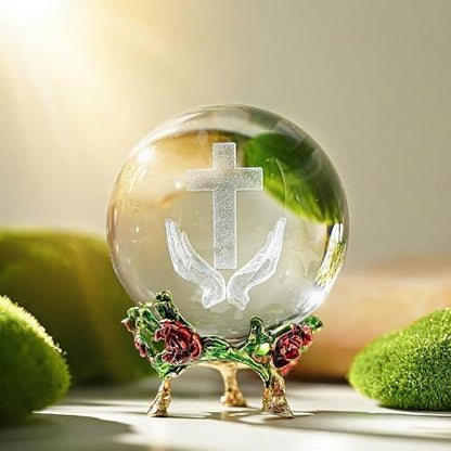 3D Cross Crystal Ball Religious Gift with Stand Christian Decor 2.3in - style: Praying Hands and Cross