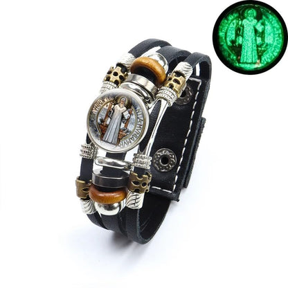 925 Sterling Silver San Benito Bracelet For Men - Luminous St Benedict Bracelets Leather Catholic San Benito Snap Button Bangles Multilayer Wristband, Rosario De San Benito, Pulseras De San Benito - color: 2 - San Benito Bracelet