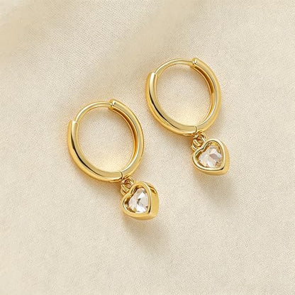 Dangle Earrings for Women, Dainty Huggie Hoop Dangle Earrings - color: CZ Heart 01 Dangle Gold