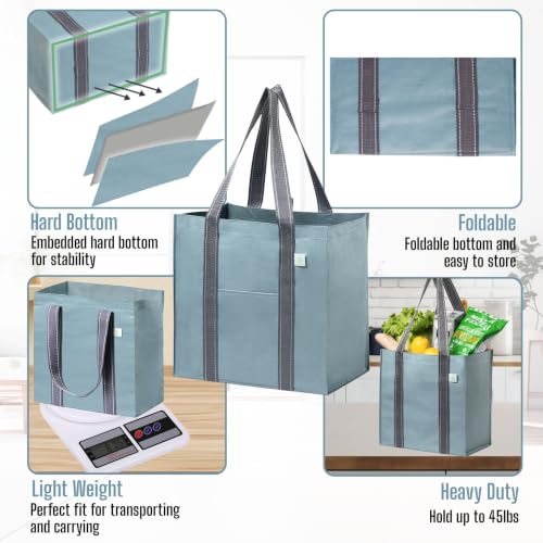 VENO 2/4 Pack Compact Reusable Grocery Shopping Bags with Hard Bottom - color: Light Blue