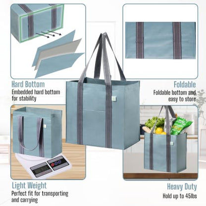 VENO 2/4 Pack Compact Reusable Grocery Shopping Bags with Hard Bottom - color: Light Blue