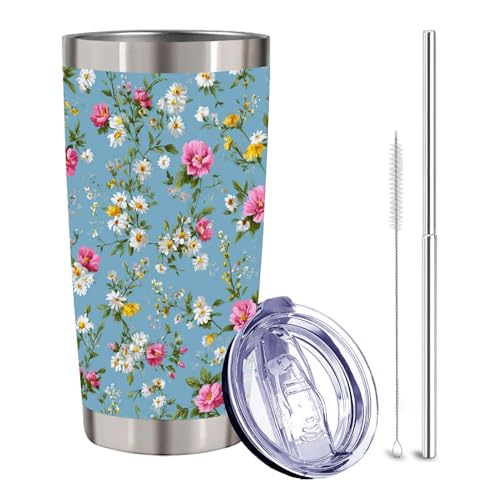 Blue Floral Tumbler 20 oz, Insulated Stainless Steel Travel Mug with Lid and Straw, Wildflower Coffee Cup for Women, Spring Daisy Flower Tumbler, Birthday Gift for Mom Wife Friend - color: Cute Wildflower