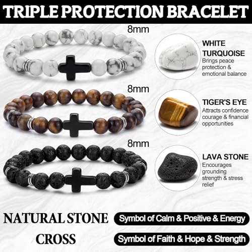 Kingdder 3 Pcs Cross Bracelet Tiger Eye Bracelet for Men 8mm Natural Stone Adjustable Christian Religious Birthday Jewelry - style: Black Cross