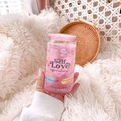 SANDJEST Inspiration Glass Can, Self Love Iced Coffee Aesthetic Cup, Gifts for Christmas Birthday, Gift for Women Girls, 16oz - color: Inspiration 3