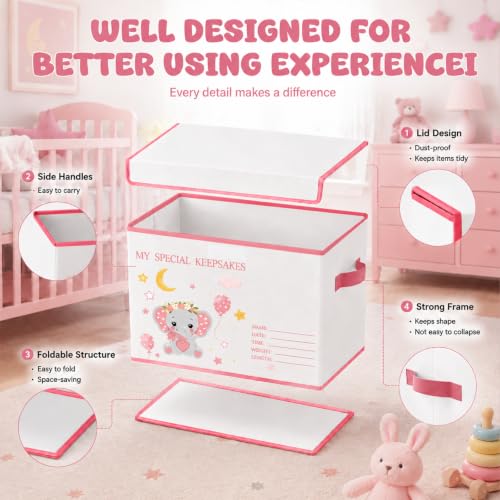 Baby Memory Keepsake Box 16x12x12 Inch Elephant Dinosaur Pattern - color: pink