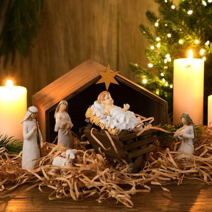 Threehoney Wooden Jesus Manger Scenes Christmas Nativity Stable with Raphia Grass Christmas Decoration Mini Manger Holy Family Nativity Scene Xmas Home Table Desk Decor