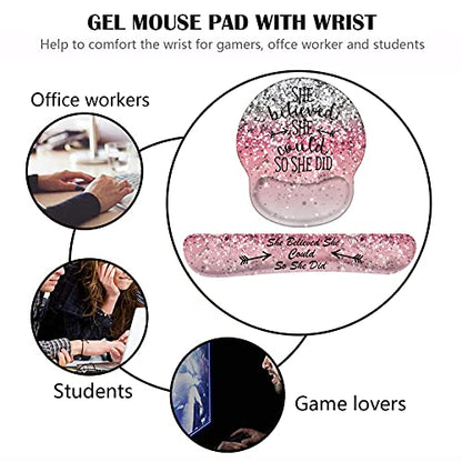 Keyboard Wrist Rest and Mouse Pad Wrist Support Set with Coasters, She Believed She Could So She Did Inspirational Quote Wrist Mouse Pad with Non-Slip PU Base for Computer Laptop Home Office - color: She Believed She Could So She Did Inspirational Quote