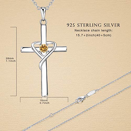 AmorAime 925 Sterling Silver Cross Necklace for Women Men 14K Gold Plated 5A CZ Birthstone Necklaces for Holiday - color: K.Orange-November-Topaz