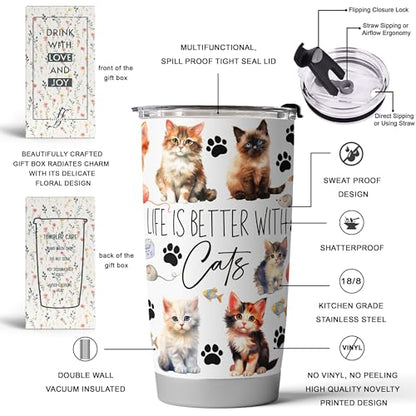 Fancyfams Cat Coffee Tumbler, 1-Pack 20oz Stainless Steel, Vacuum Insulated - color: Better with Cats