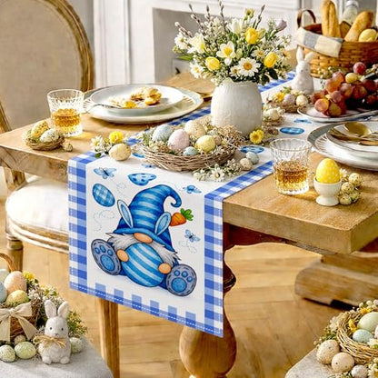 HOMETITUTE Blue Easter Gnome Table Runner Bunny Decor 13x72 Inch Burlap