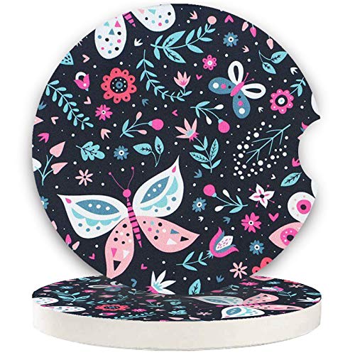 Butterfly Small 2.56" Absorbent Car Coasters 2 Pack, Auto Coasters for Cup Holders, Ceramic Car Accessories Absorb Spills to Keep Cupholders Clean - color: Black and Pink