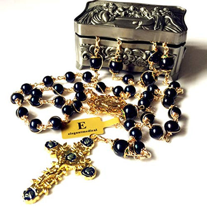 elegantmedical HANDMADE ROSARY Wire Wrapped AAA+ Black Real Pearl Bead Catholic Necklace jesus Cross Gift Box