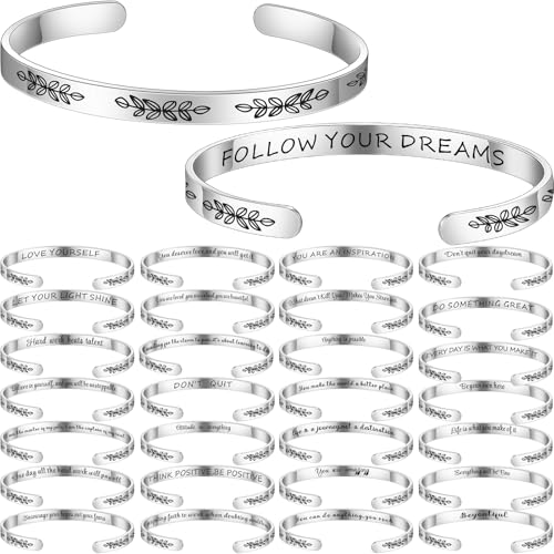 MTLEE 30 Pcs Inspirational Cuff Bracelets Bulk Gifts for Women Motivational Bible Verse Bracelet Silver Personalized - style: Trendy