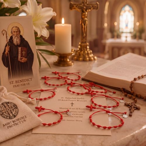 Yinkin St Benedict Medal Rosary Bracelet Bulk Adjustable - color: Red