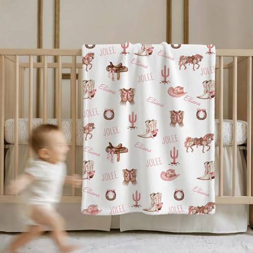 Personalized Western Girl Baby Blanket, Pink Pony Boots Ribbon Pattern Design, Custom Name Toddler Kids Throw, Cowgirl Nursery Decor, Baby Girl Gift - color: Western Girl Baby Blanket