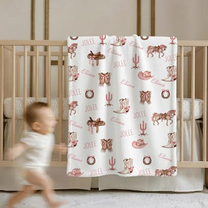 Personalized Western Girl Baby Blanket, Pink Pony Boots Ribbon Pattern Design, Custom Name Toddler Kids Throw, Cowgirl Nursery Decor, Baby Girl Gift - color: Western Girl Baby Blanket
