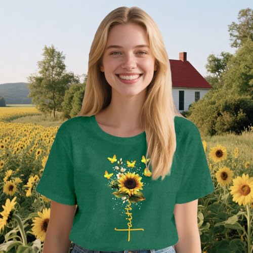 Womens Christian Shirts Faith Cross Sunflower Butterfly T-Shirt Bible Verse Religious Tee Tops - color: Green, size: XX-Large