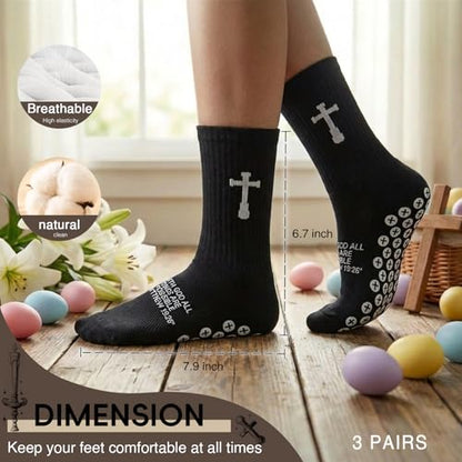 3 Pair Grip Christian Soccer Socks,Easter,Christmas Gift for Men - color: Matthew 19:26 - Black