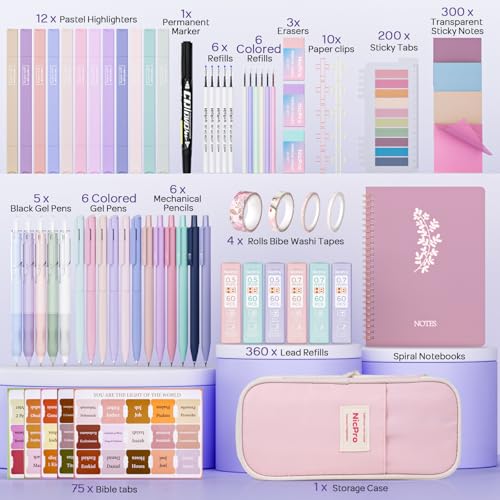 Nicpro Bible Journaling Kit, 76PCS Bible Study Supplies with Case for Women - color: Pink