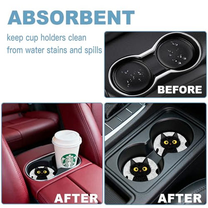 Ceramic Car Cup Holder Coasters Set of 2, 2.56 in Black Cat - color: Black Cat