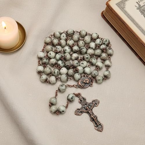 Nazareth Store Natural Stone Beads 8mm Rosary Necklace Antique Copper Design Holy Soil Medal & Cross in Velvet Bag - Catholic Rosaries Terra Santa Jerusalem Collection - color: Dalmatian Jasper