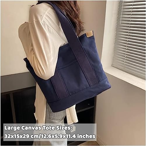 Canvas Tote Bag for Women,Small Totes Bags with Zipper Crossbody Purse with Pockets Large Shoulder Handbag,2 Sizes - color: Blue, size: Small