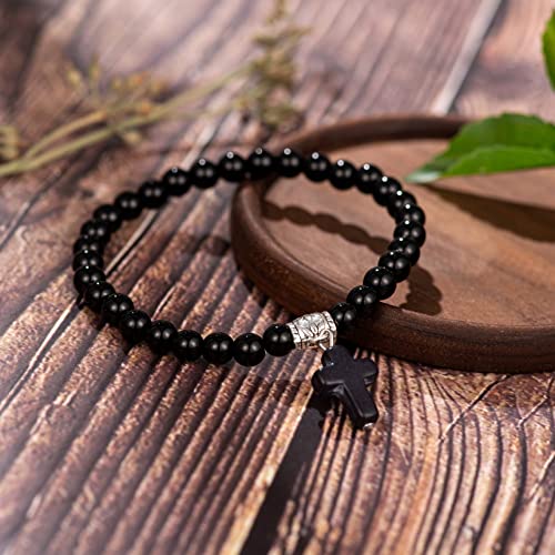 Softones 6mm Bead Cross Pendant Bracelet for Women Healing Stone Stretch Prayer Bracelet for Women,with Gift Box - color: Bright Black Matte