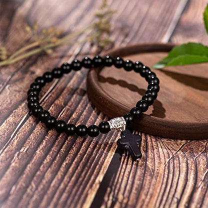 Softones 6mm Bead Cross Pendant Bracelet for Women Healing Stone Stretch Prayer Bracelet for Women,with Gift Box - color: Bright Black Matte