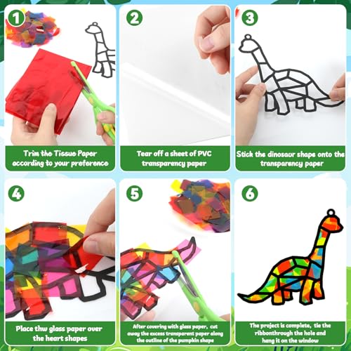 Lonfliness 32Sets Dinosaur Suncatchers Crafts Kit DIY Dino Window Stained Glass Effect Paper Dinosaur Animal Home School Classroom Decoration Art Craft Creative Activity Project Kid Gift Favor - style: Dinosaur